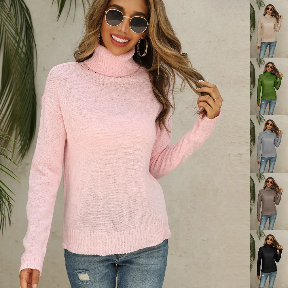 Women's Turtleneck Solid Color Long Sleeve Knit Sweater Casual Basic Pullover Fall Winter Elegant Commuting Top