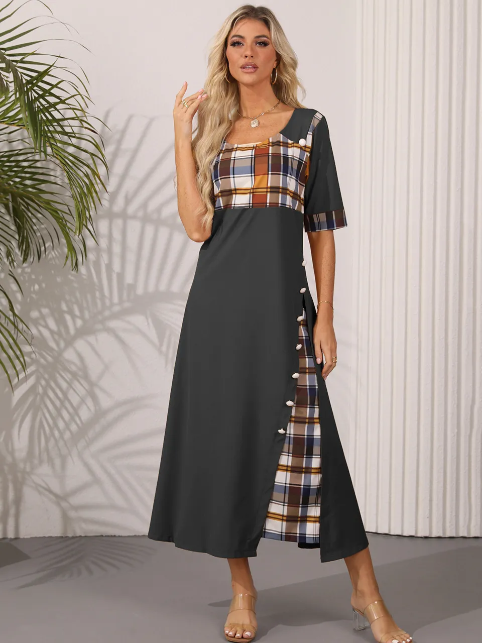 Vintage Karomuster Patchwork Maxikleid Für Damen Rundhals Kurzarm Hohe Taille A-Linie Langes Kleid Retro Elegant Party Sommerkleid