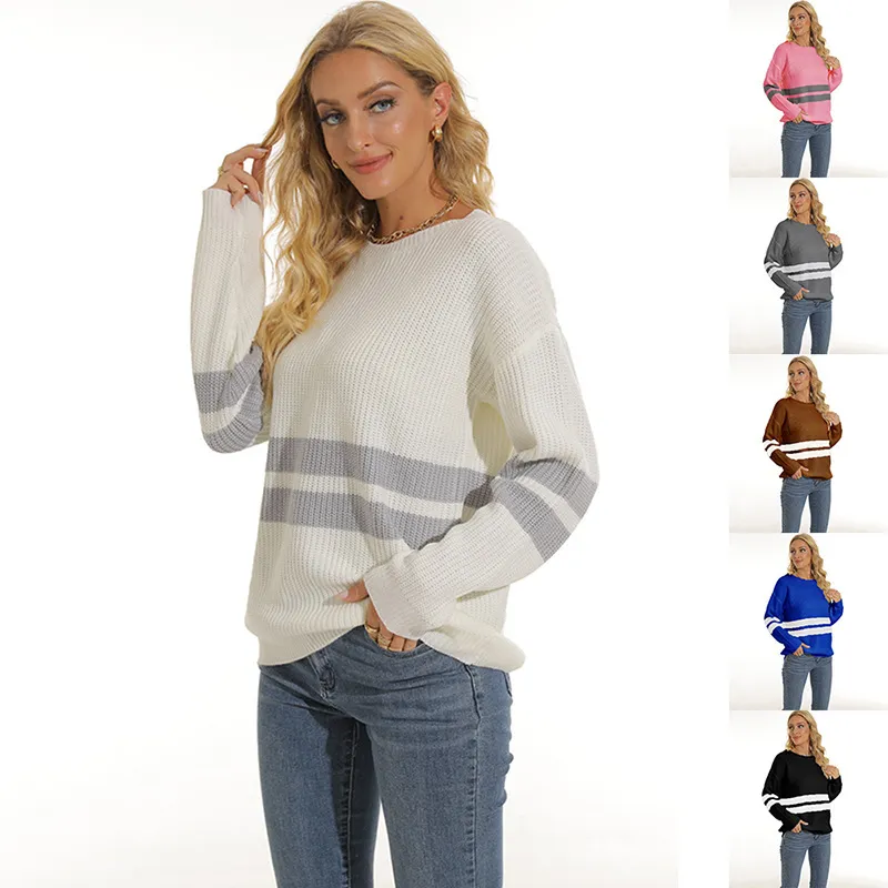 Women Striped Knitted Sweater Acrylic Round Neck Long Sleeve Pullover Casual Streetwear Knitwear Autumn Winter Fashion Top