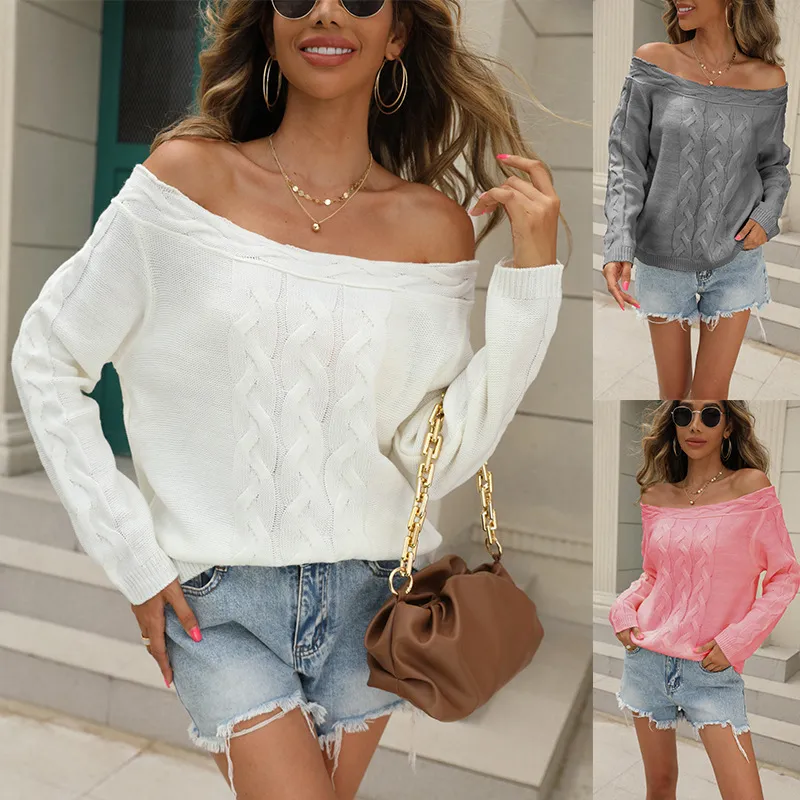 Women Elegant Off-Shoulder Cable Knit Sweater Long Sleeve Acrylic Pullover Solid Color Autumn Winter Casual Knitwear Top