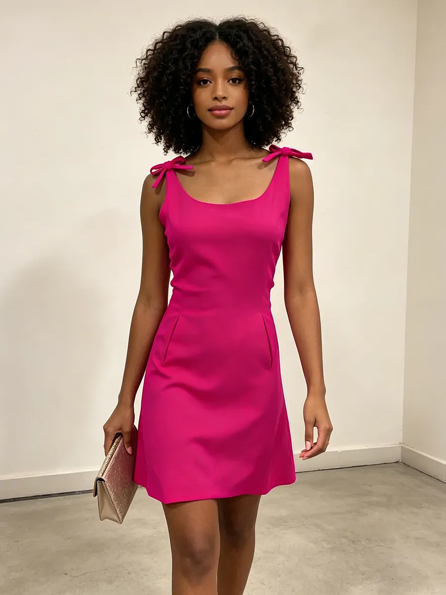 Damen Klassisch Schick Schleife Slip Mini Kleid Ärmellos U-Ausschnitt Slim Fit Freizeit Sommer Kleid Für Damen