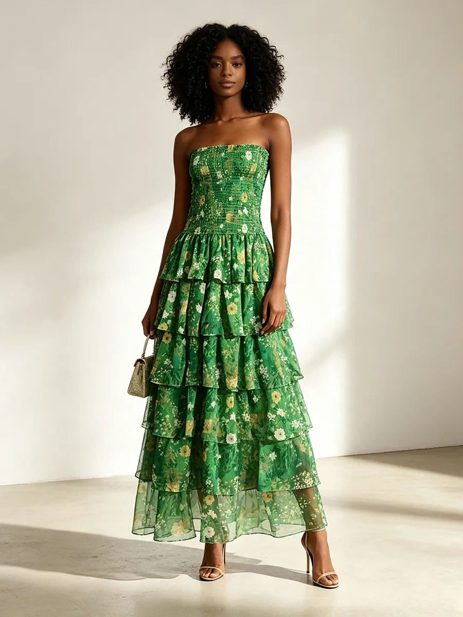 Vestido Maxi Largo Elegante de Vacaciones de Verano para Mujer Estilo Pastoral Dulce Estampado Floral Sin Tirantes Volantes En Capas