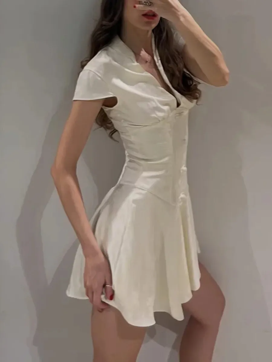 Mini Abito a Portafoglio con Volant e Vita Alta Maniche Corte Scollo a V Minimalista Francese Estate Elegante Abito Smagrente da Donna