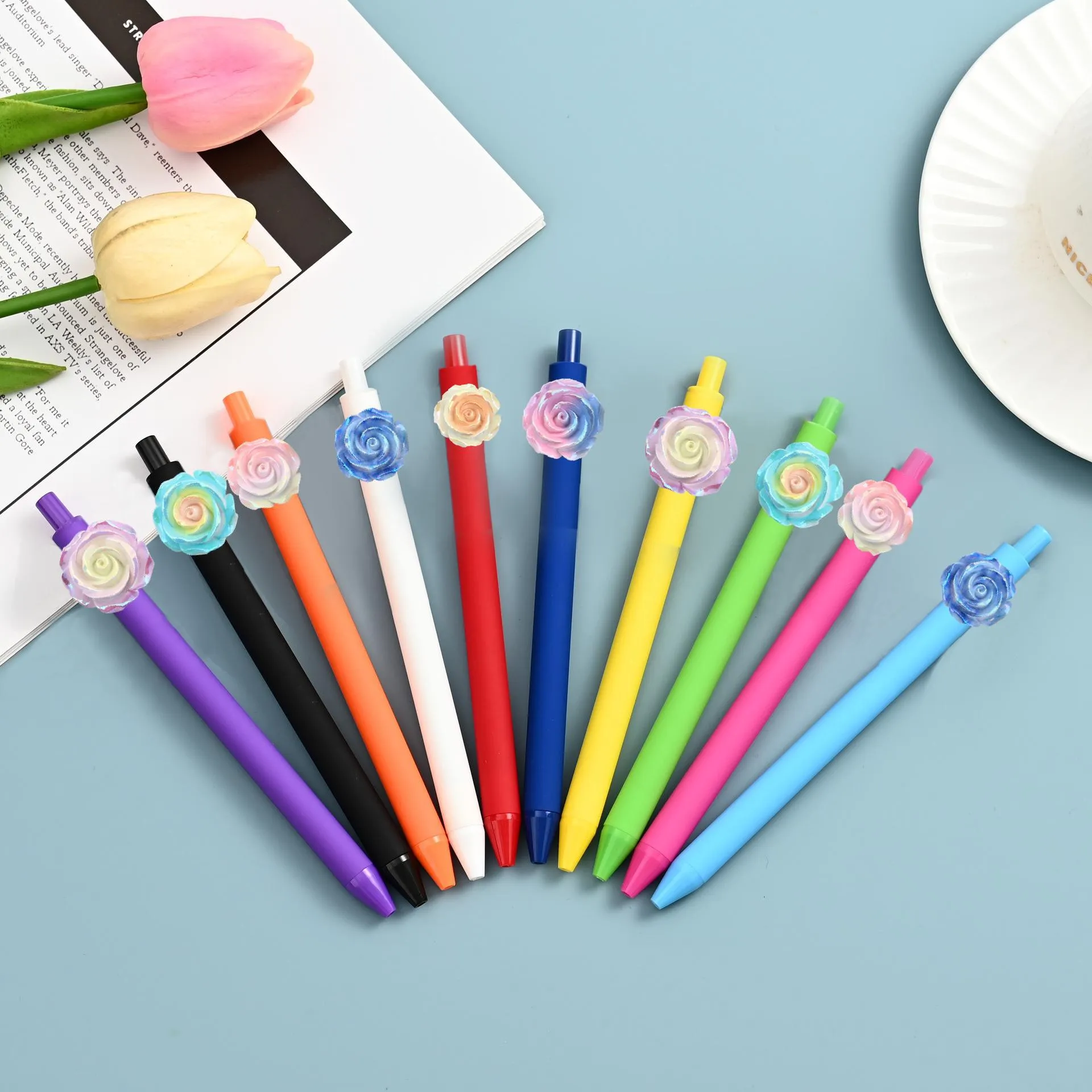Rainbow Camellia Resin Patch Gel Pen Cute Floral Writing Pen Office School Stationery