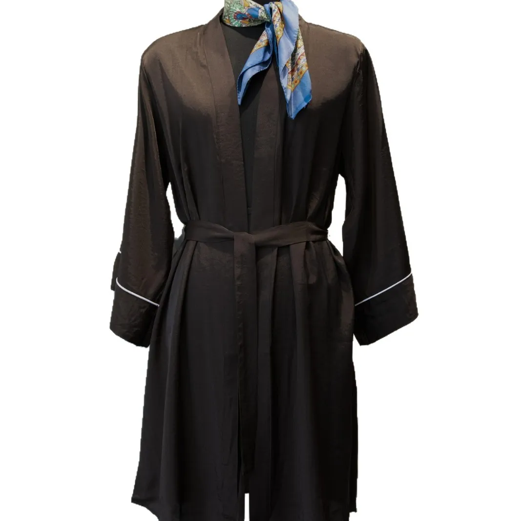 Robe de Chambre de Nuit à Manches Longues Col en V Couleur Unie avec Ceinture pour Femmes Vêtement d'Intérieur Drapé Léger