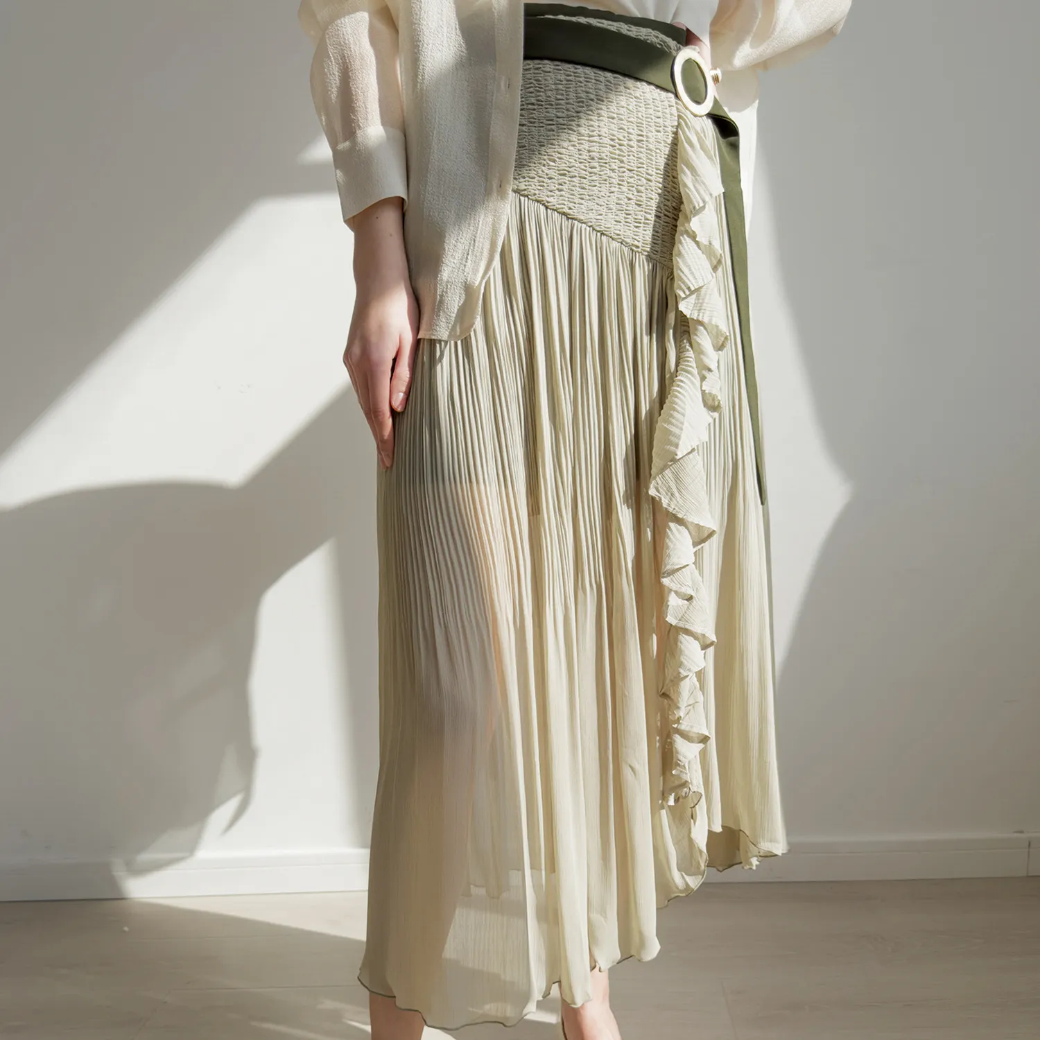 Women Casual High Waisted Pleated Lettuce Edge Slit Long Skirt Commuting Elegant A-Line Polyester Skirt Pants