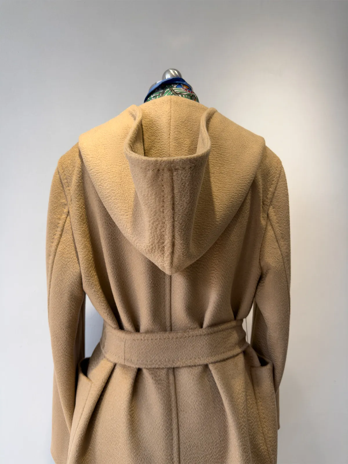 Women's Hooded Belted Camel Hair Blend Trench Coat Long Sleeve Solid Color Casual Overcoat Winter Outerwear