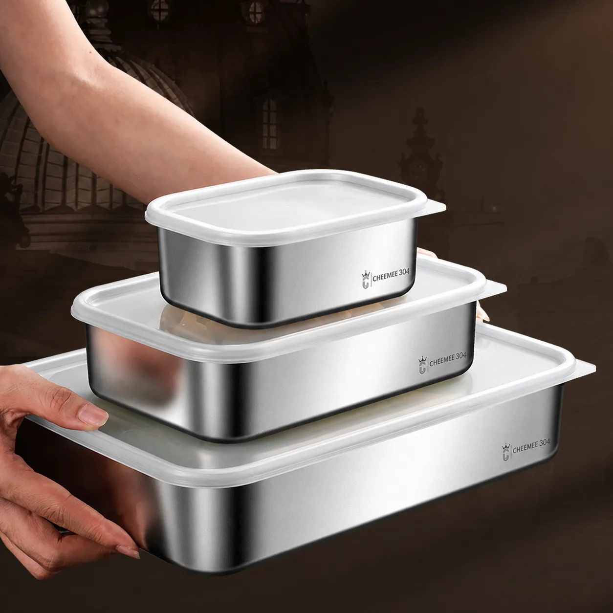 Contenedor de Alimentos de Acero Inoxidable 304 Bandeja Cuadrada Engrosada Caja de Conservación con Tapa Organizador de Cocina