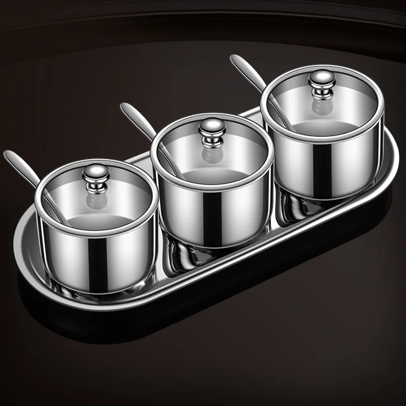 304 Stainless Steel Condiment Jar Kitchen Spice Container With Glass Lid Spoon And Tray