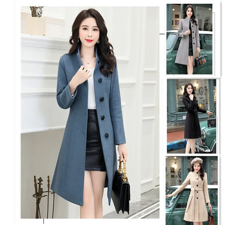 Women's Wool Blend Trench Coat Mid Length Single Breasted Outerwear With Belt Solid Color Casual Commuting Jacket