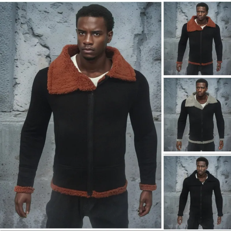 Men's Thickened Suede Jacket Winter Warm Artificial Fur Lapel Coat Long Sleeve Zipper Outerwear Casual Apparel