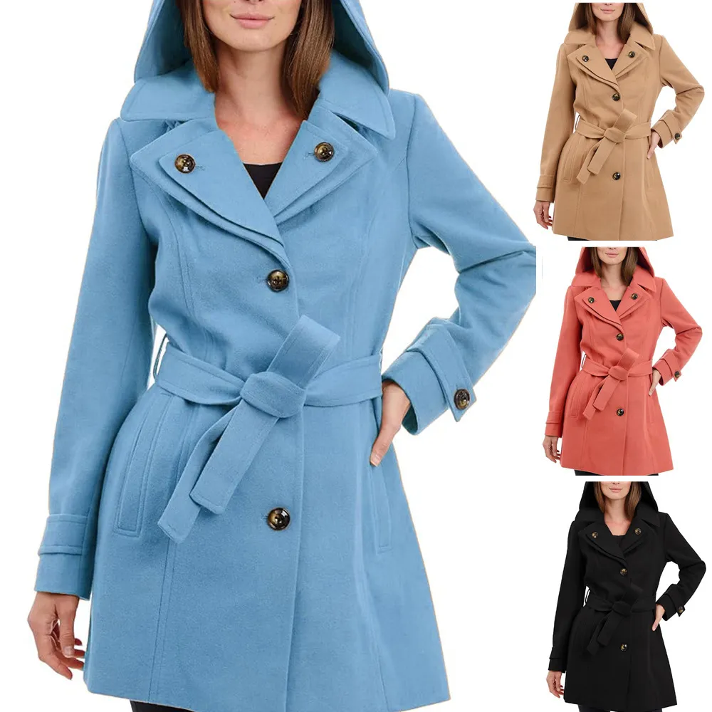Women's Thickened Woolen Trench Coat Mid Length Hooded Trench Coat With Belt Button Winter Outerwear Women Clothing
