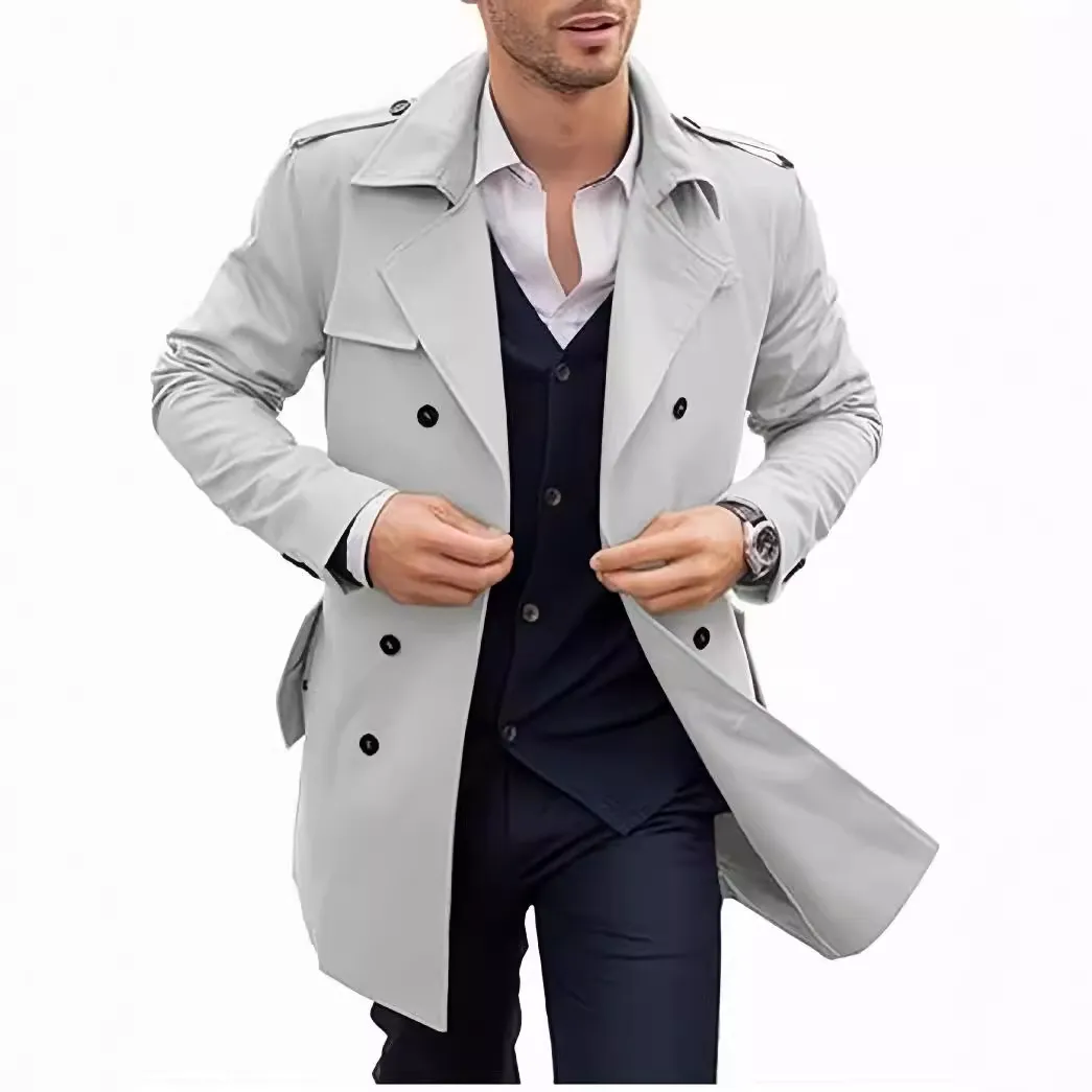 Trench Coat Doppiopetto Casual da Uomo di Lunghezza Media Risvolto Giacca Antivento Affari Primavera Autunno