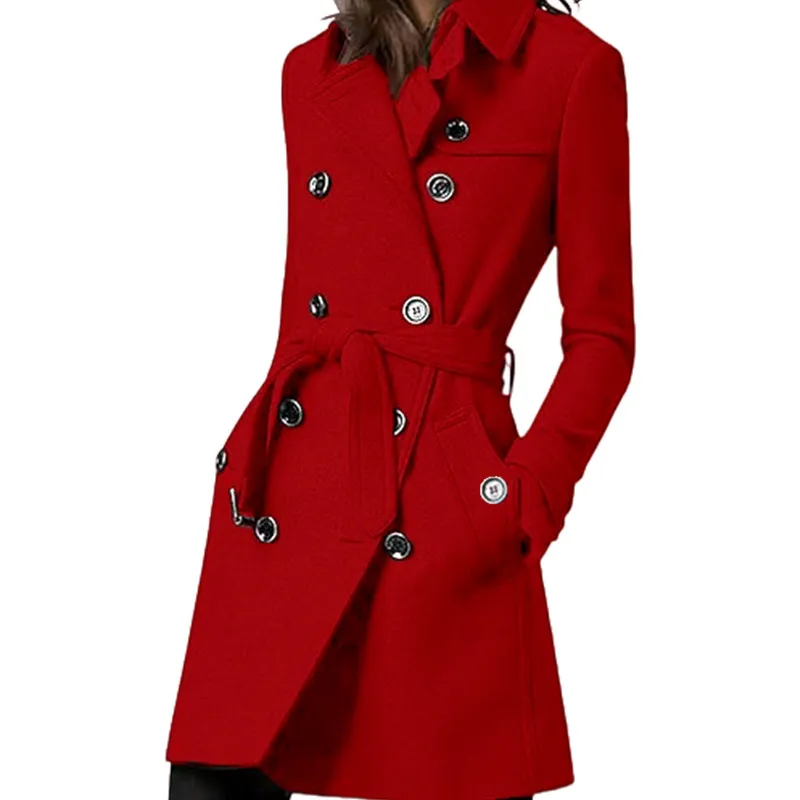 Cappotto Lungo di Lana da Donna Trench Doppiopetto Revers Con Cintura Autunno Inverno Tinta Unita Capospalla Casual