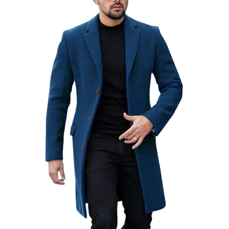Mens Winter Woolen Overcoat Single Breasted Lapel Mid-Length Trench Coat Business Casual Jacket Outerwear