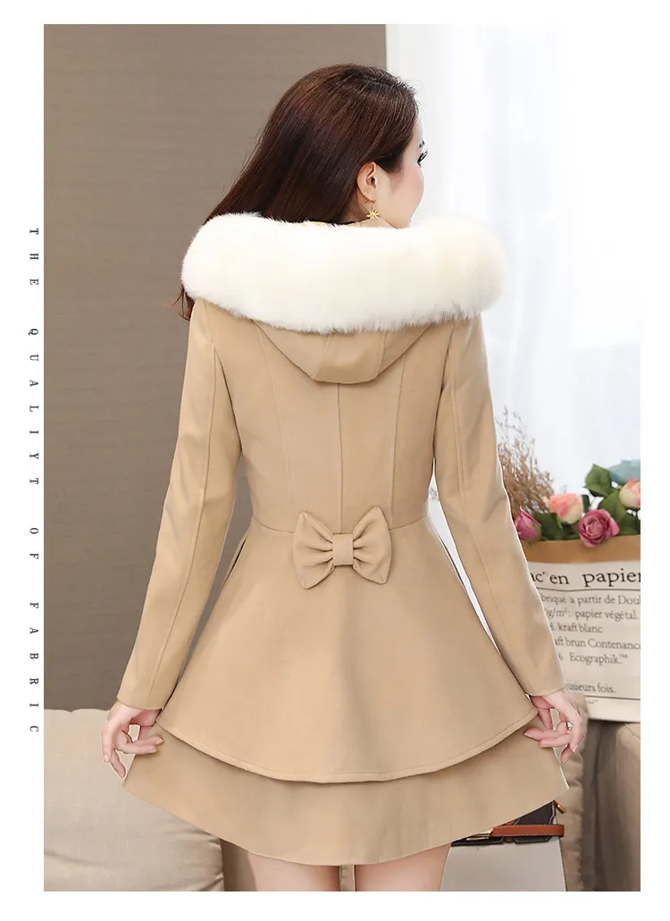 Damen Koreanischer Stil Schmal Geschnitten Mit Kapuze Wollmantel Winter Langarm Zweireihig Wollmischung Jacke Mit Pelzkragen