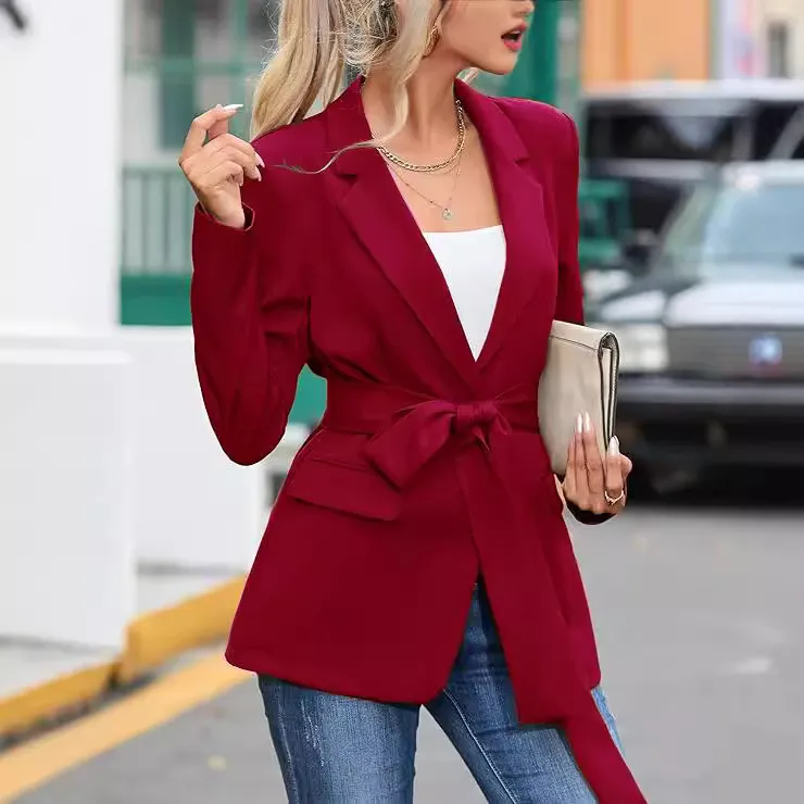 Blazer Casual de Manga Larga para Mujer Color Sólido Slim Fit Solapa Con Cinturón Chaqueta de Traje para Oficina Ropa Exterior