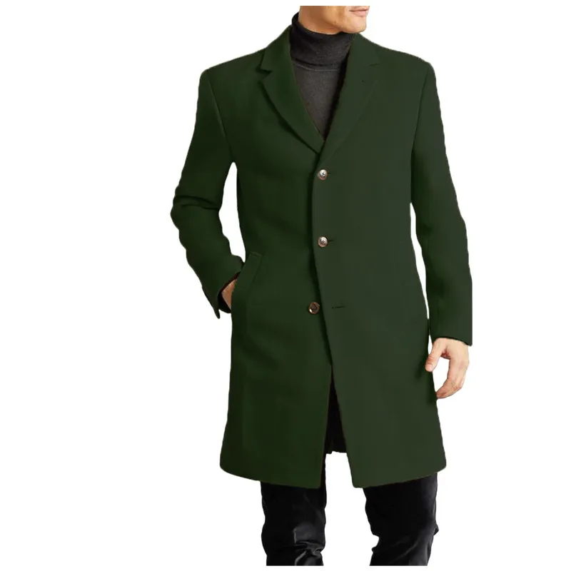 Men's Long Wool Blend Overcoat Single Breasted Turn Down Collar Business Casual Winter Trench Coat Outwear