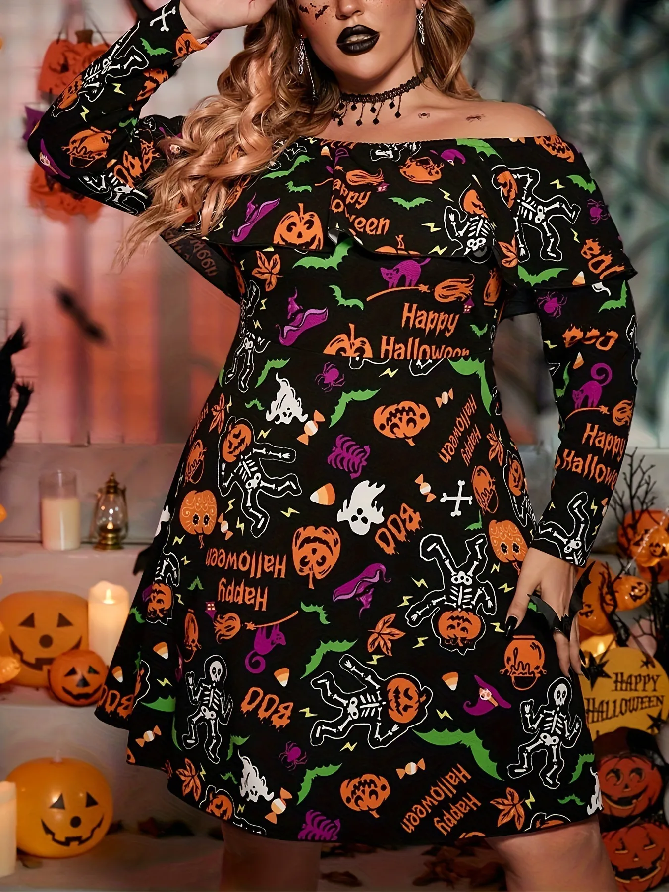 Women's Halloween Dark Style Midi Dress Off-Shoulder Ruffle Long Sleeve Polyester Blend A-Line Party Dress