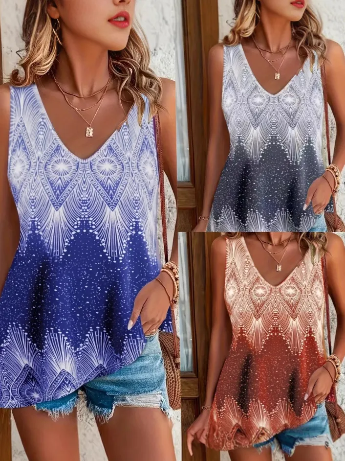 Women Casual V Neck Sleeveless Vest Summer Loose All Over Print A Line Top Fashion Apparel Basic Streetwear