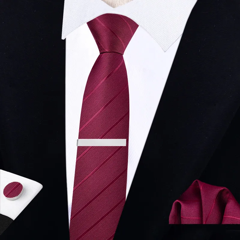 Ensemble de Cravate Étroite d'Affaires pour Hommes Avec Pochette Boutons de Manchette et Pince à Cravate Boîte Cadeau Polyester Tissé