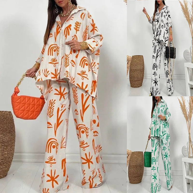 Dames Casual Tweelig Set Lange Mouw Revers Knop Overhemd En Rechte Broek Vier-Weg Stretch Mode Outfit
