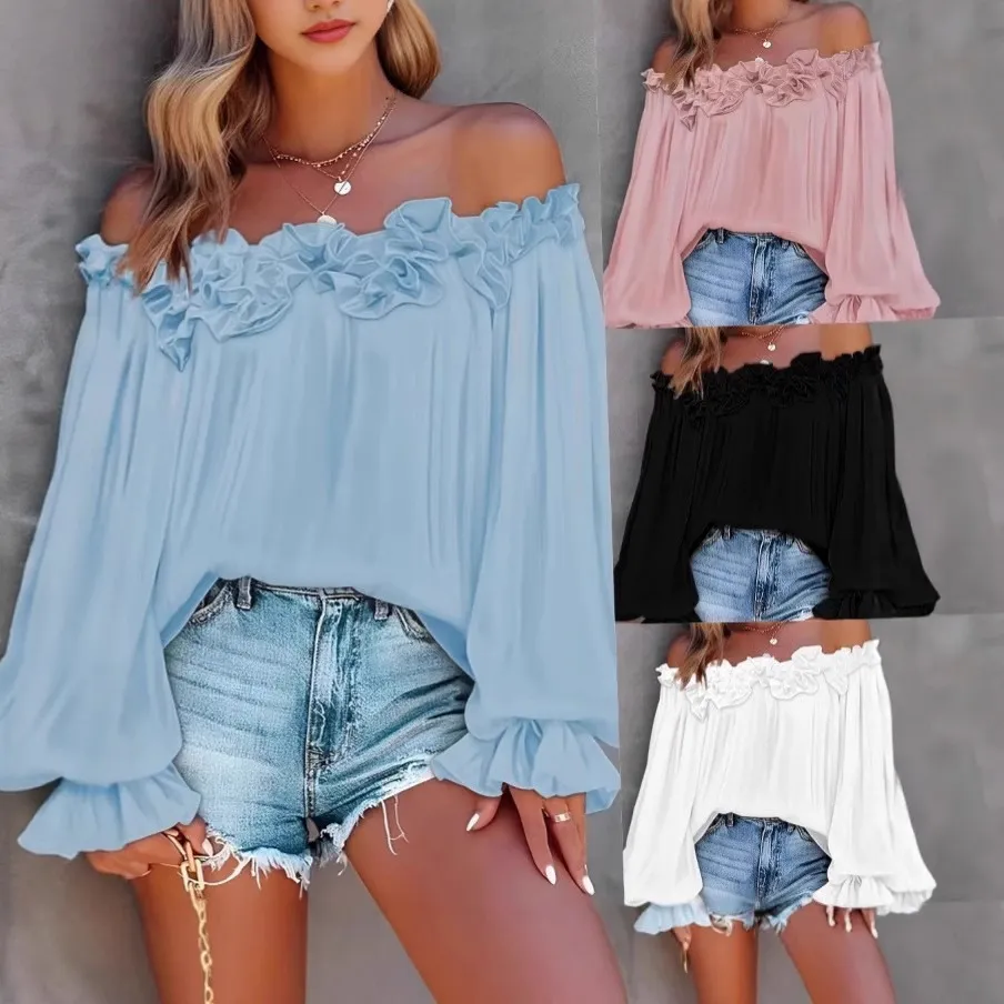 Camicetta Casual Tinta Unita da Donna Spalle Scoperte Manica Lunga con Volant Vestibilità Regolare Camicia da Vacanza