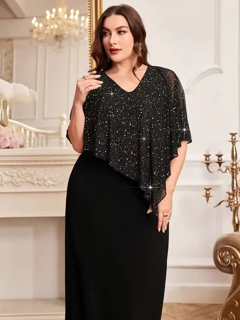 Women Plus Size Sequin Maxi Dress Elegant V Neck Batwing Sleeve Patchwork Party Long Dress Loose Fit Comfortable Night Gown Black Dress