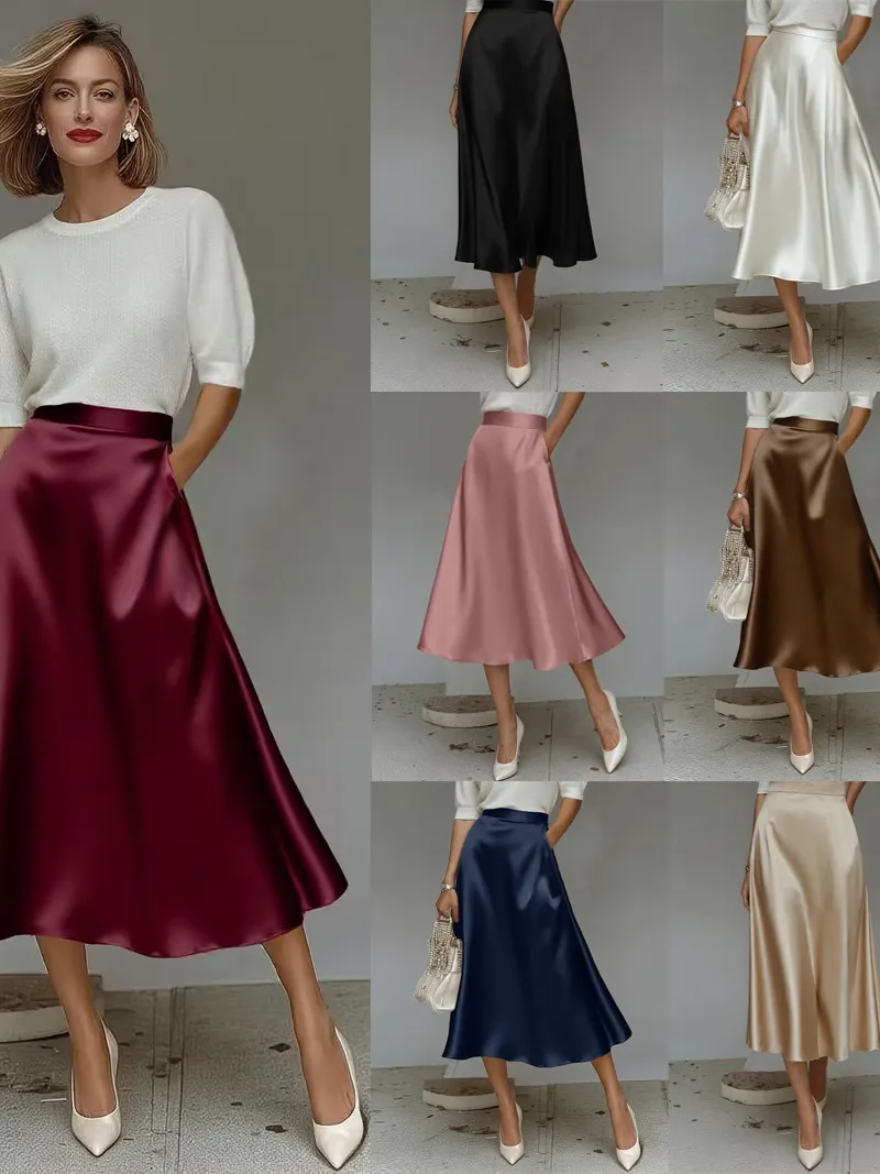 Elegant Women Satin A-Line Midi Skirt High Waist Glossy Solid Color Commuter Office Fashion Casual Silk-Like Flowy Skirt