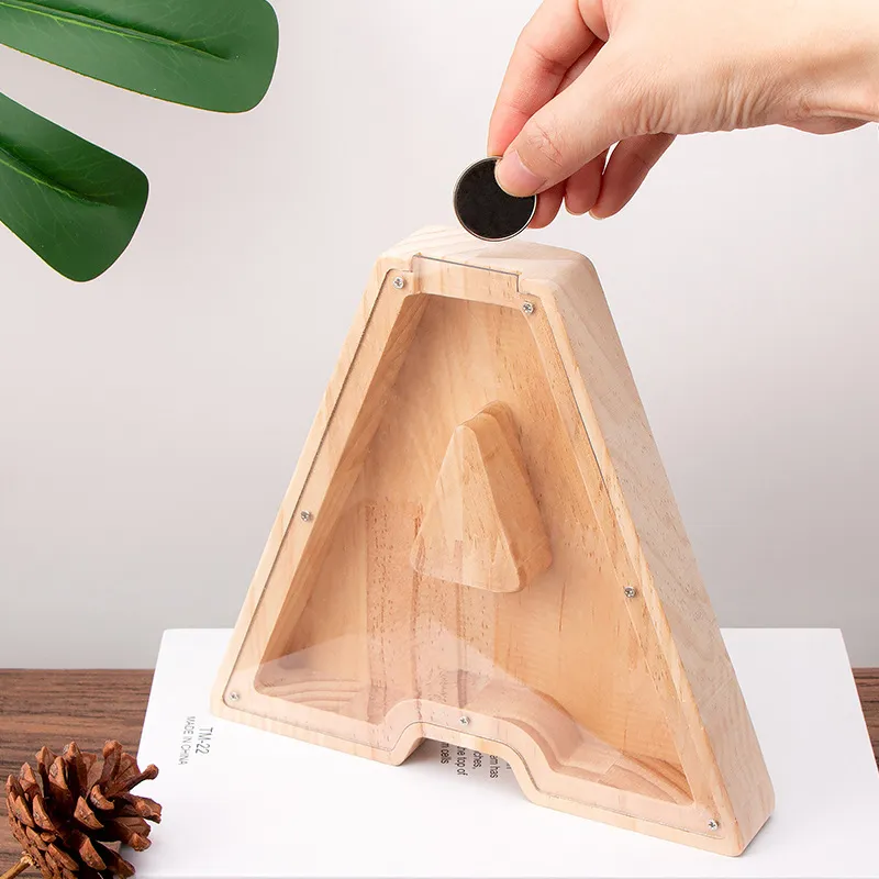 Hucha de Madera Letra del Alfabeto Panel Acrílico Transparente Caja de Ahorro de Dinero Adorno de Escritorio Creativo Regalo Para Niños