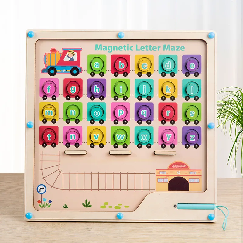 Houten Magnetisch Letter Doolhof Puzzelbord Kinderen Educatief Vroeg Leren Alfabet Trein Speelgoed