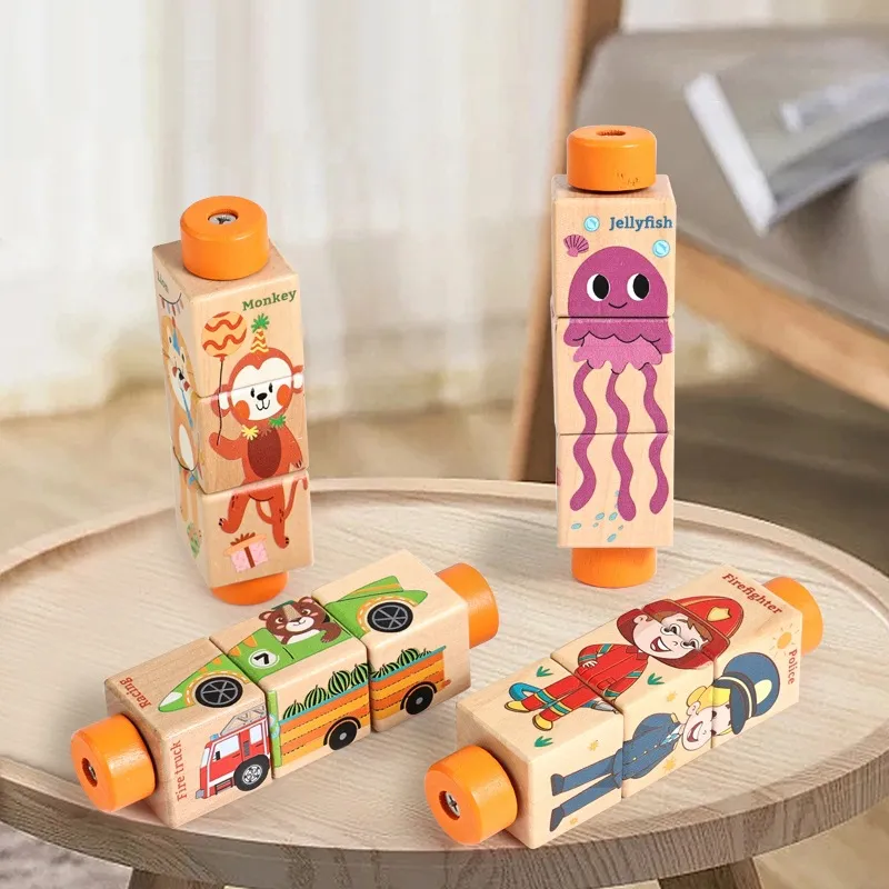 Bloques de Rompecabezas Rotativos de Madera Animales de Dibujos Animados Tráfico Juguete Educativo Aprendizaje Temprano Juguete de Agarre Regalo para Niños