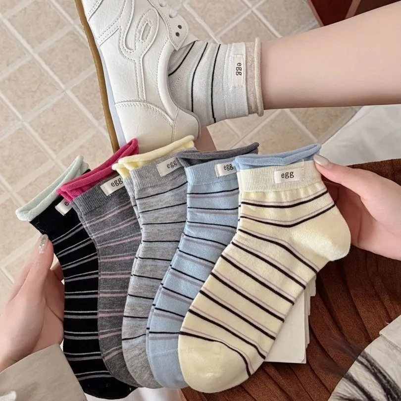 Dames Casual Gekamd Katoen Gestreepte Crew Socken Koreaanse Stijl Kleurblok Ademend Lente Zomer Mode Dagelijkse Socken