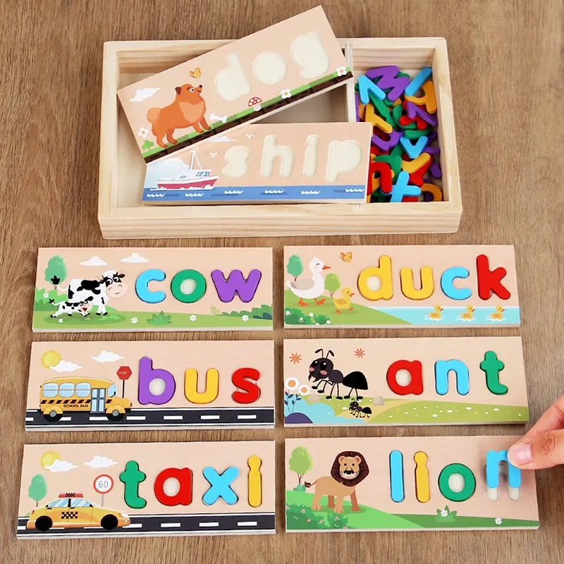 Wooden Spelling Words Game Educational Toys Alphabet Blocks With Storage Box For Kids Early Cognition Learning