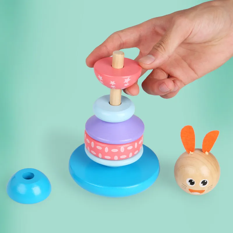 Wooden Animal Tumbler Stacking Toy Montessori Educational Early Learning Cartoon Ring Tower Toys For Toddlers Kids Gift