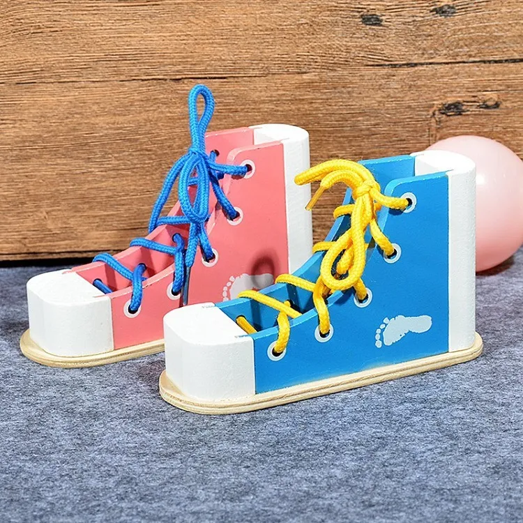 Wooden Montessori Early Education Shoe Tying Teaching Aids Kids Lacing Learning Game Toy