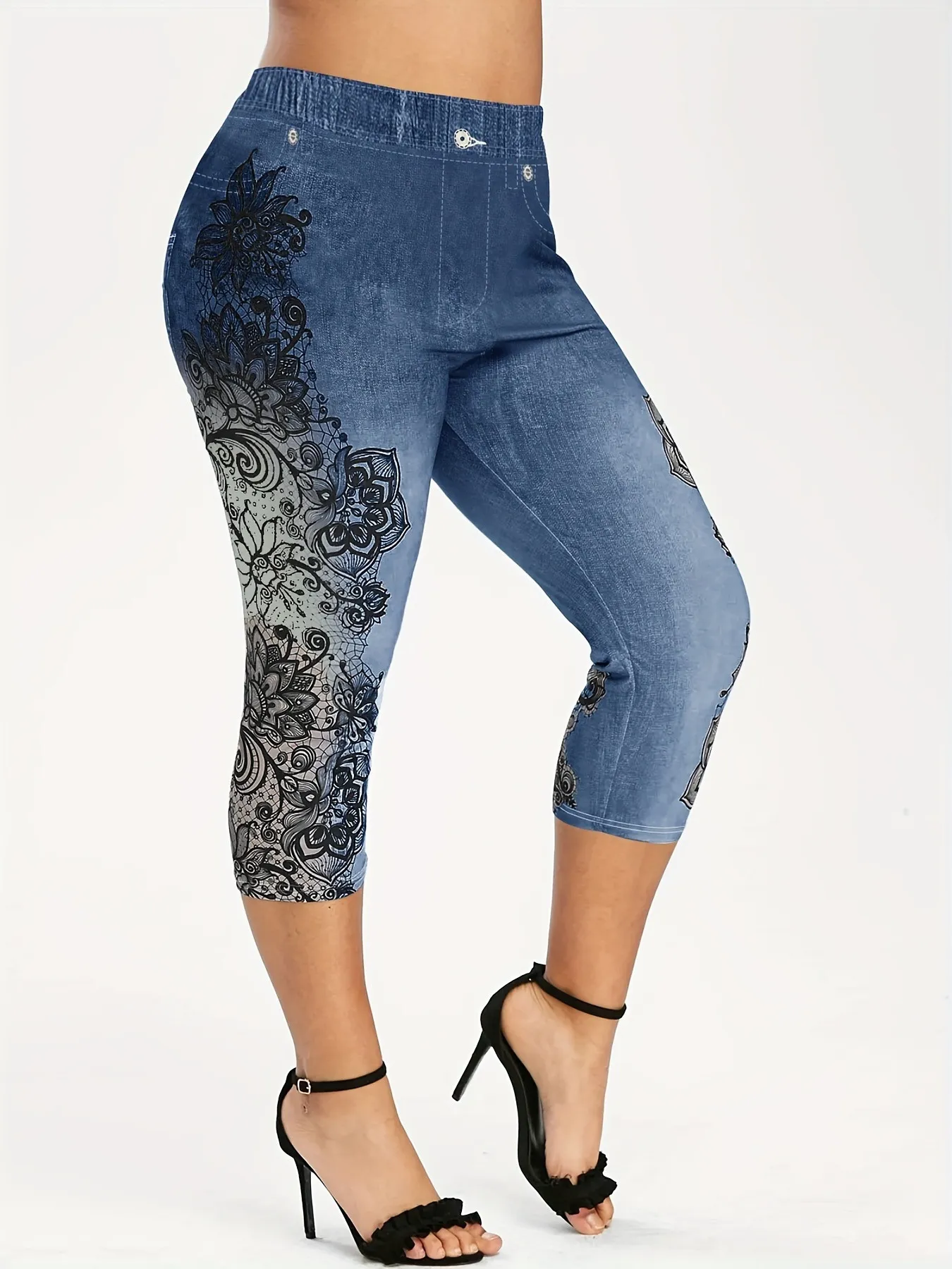 Women's Casual High Waist Printed Denim Leggings Stretch Cropped Pants Lace Floral Slim Fit Fashion Activewear Bottoms