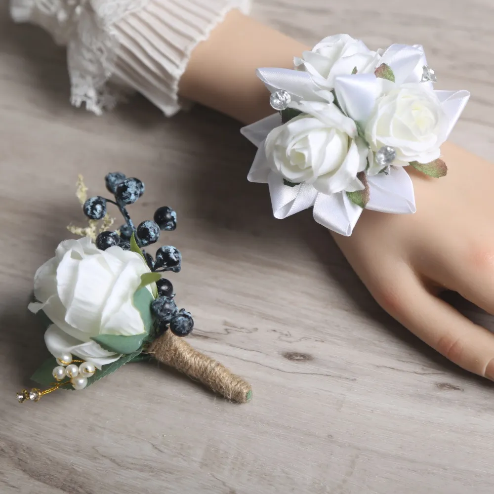 Fatto a Mano Bianco Artificiale Rosa Corsetto Polso Boutonniere Set Matrimonio Damigella Festa Floreale Mano Fiore Accessori
