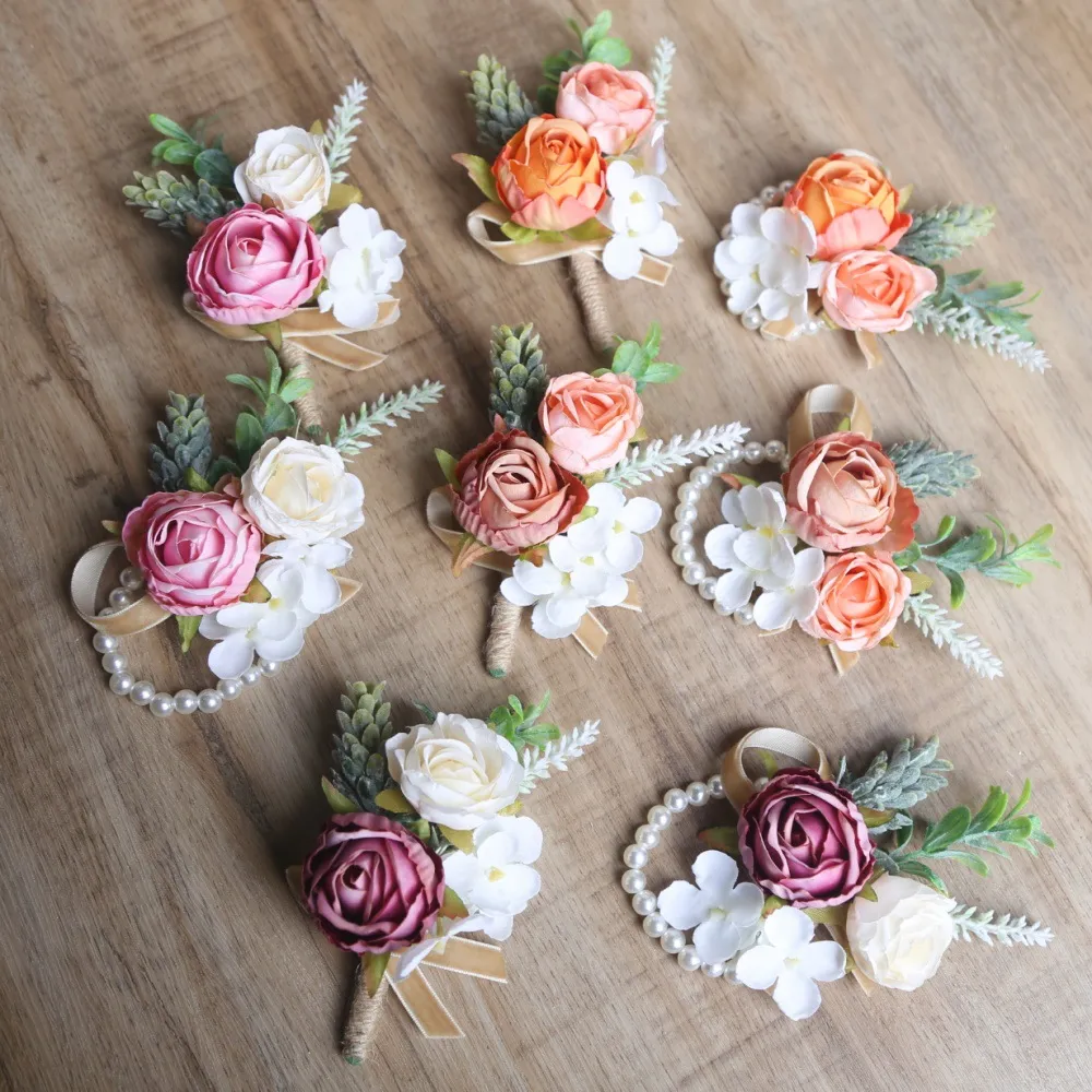 Handmade Artificial Rolled Rose Corsage And Wrist Flower Set European Style Wedding Bride Boutonniere Party Dress Decor Jewelry Accessories