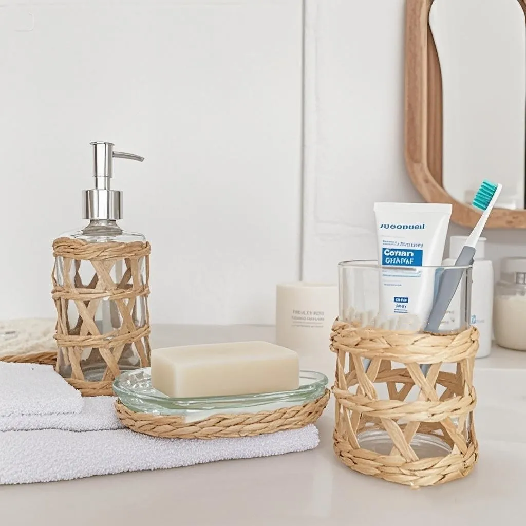 Ensemble d'Accessoires de Salle de Bains en Verre et Paille Tissée Main Distributeur Porte-Savon Porte-Brosse à Dents Décoration