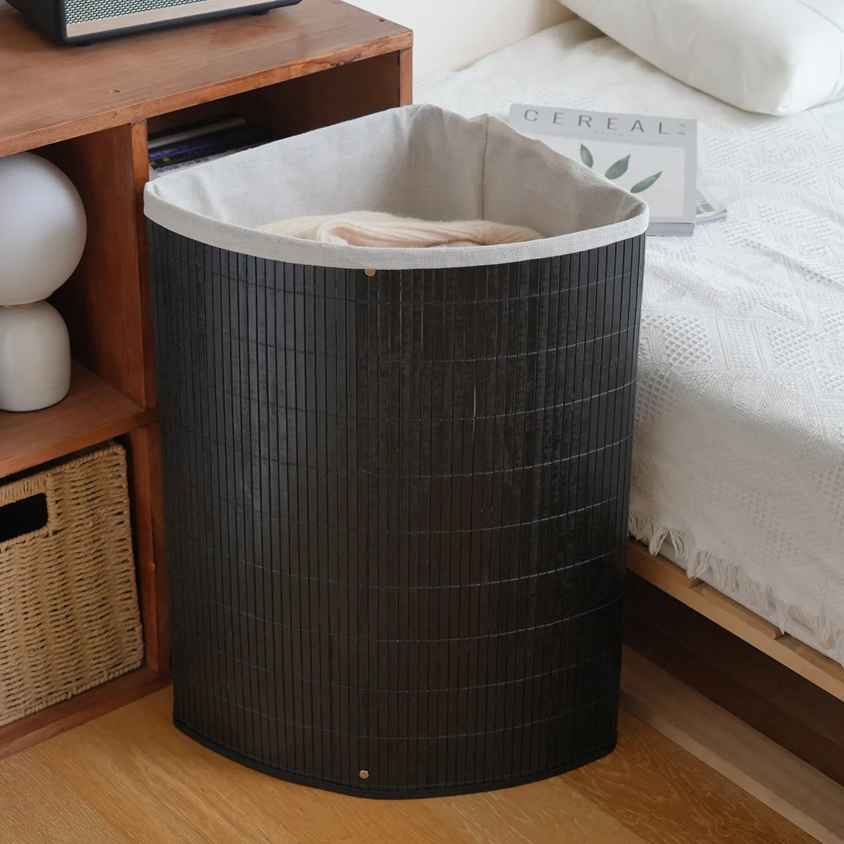 Cesta de Ropa Tejida de Bambú Negro Cesta de Almacenamiento Plegable Con Tapa Y Forro de Tela Para Ropa Juguetes Organización del Hogar
