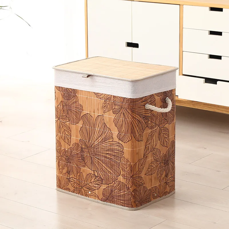 Cesta de Ropa Plegable de Tejido de Bambú Estilo Rústico con Tapa y Asas de Cuerda de Algodón para el Hogar