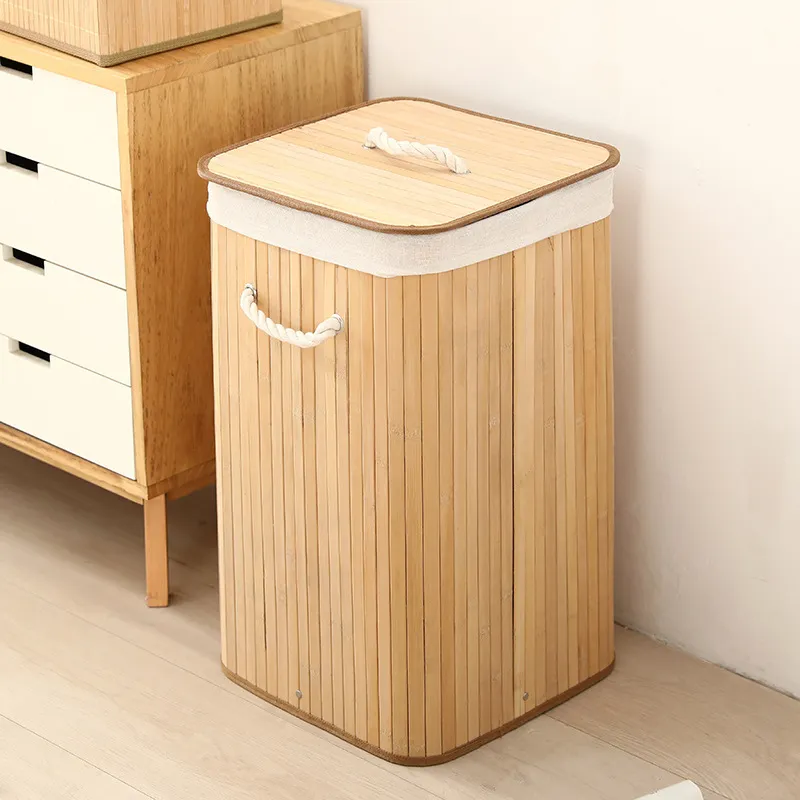 Panier à Linge Pliable en Bambou Tissé Panier de Rangement avec Couvercle et Doublure en Coton Lin pour Chambre Vêtements Jouets