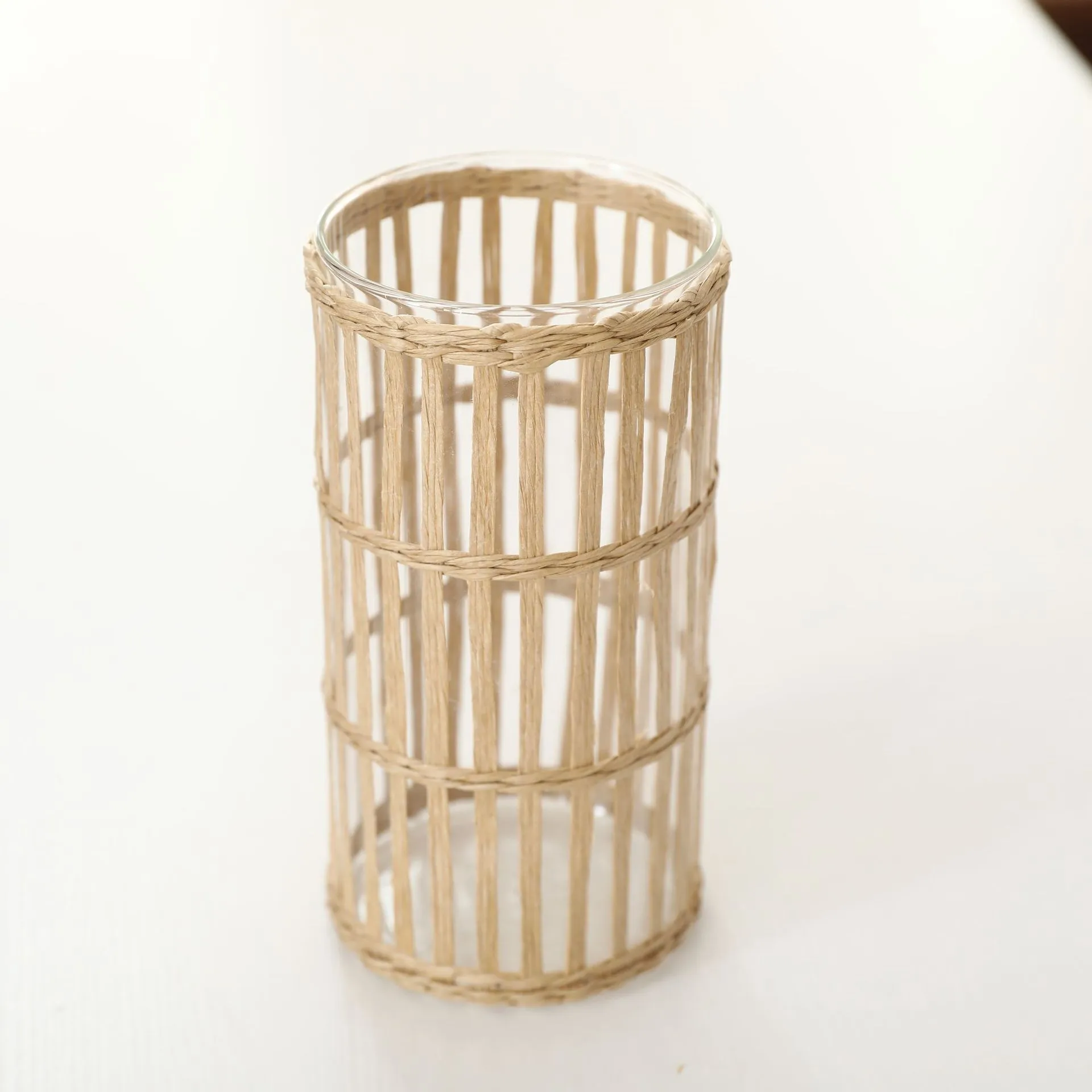 Fundas de Jarrón de Vidrio de Paja Tejida a Mano Estilo Pastoral Vintage Portavelas de Plantas Frasco de Almacenamiento Accesorios