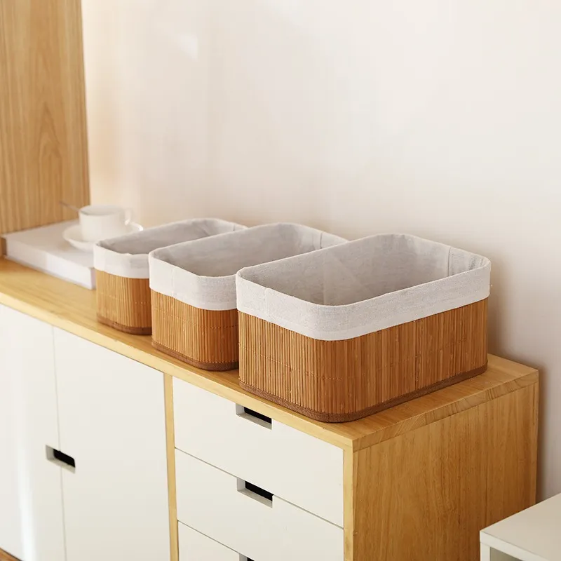 Rustic Woven Bamboo Storage Basket Set With Fabric Liner Rectangular Round Desktop Organizer Home Decor Sundries Storage