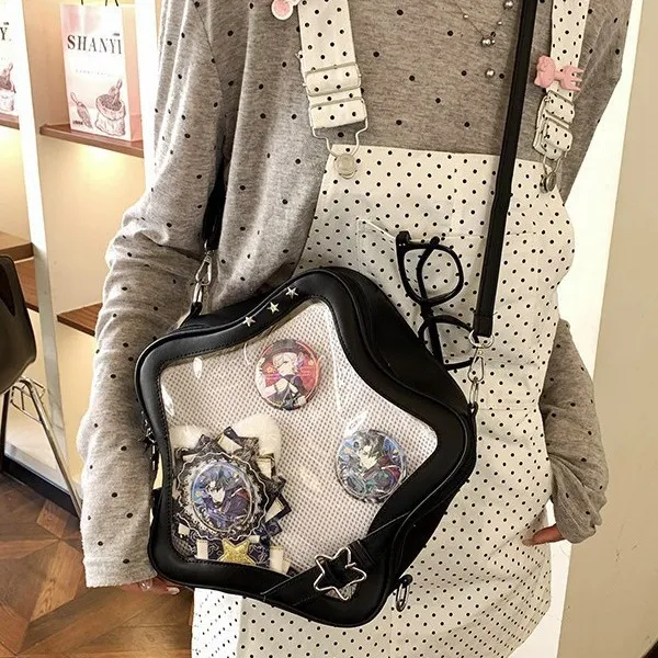 Japanese Cute Star Ita Bag Mini PU Leather Backpack Crossbody Bag Clear Window Sweet Style Casual Daypack