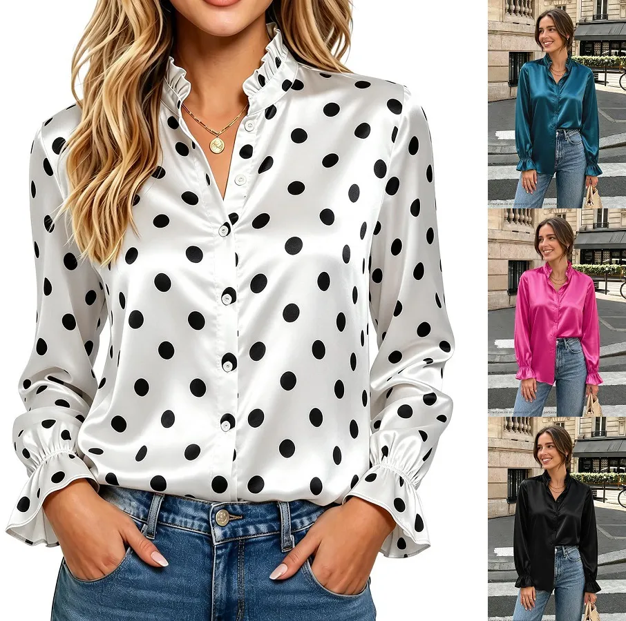 Γυναικείο Business Casual Σατέν Πουκάμισο Μακρυμάνικo με Βολάν για τη Δουλειά