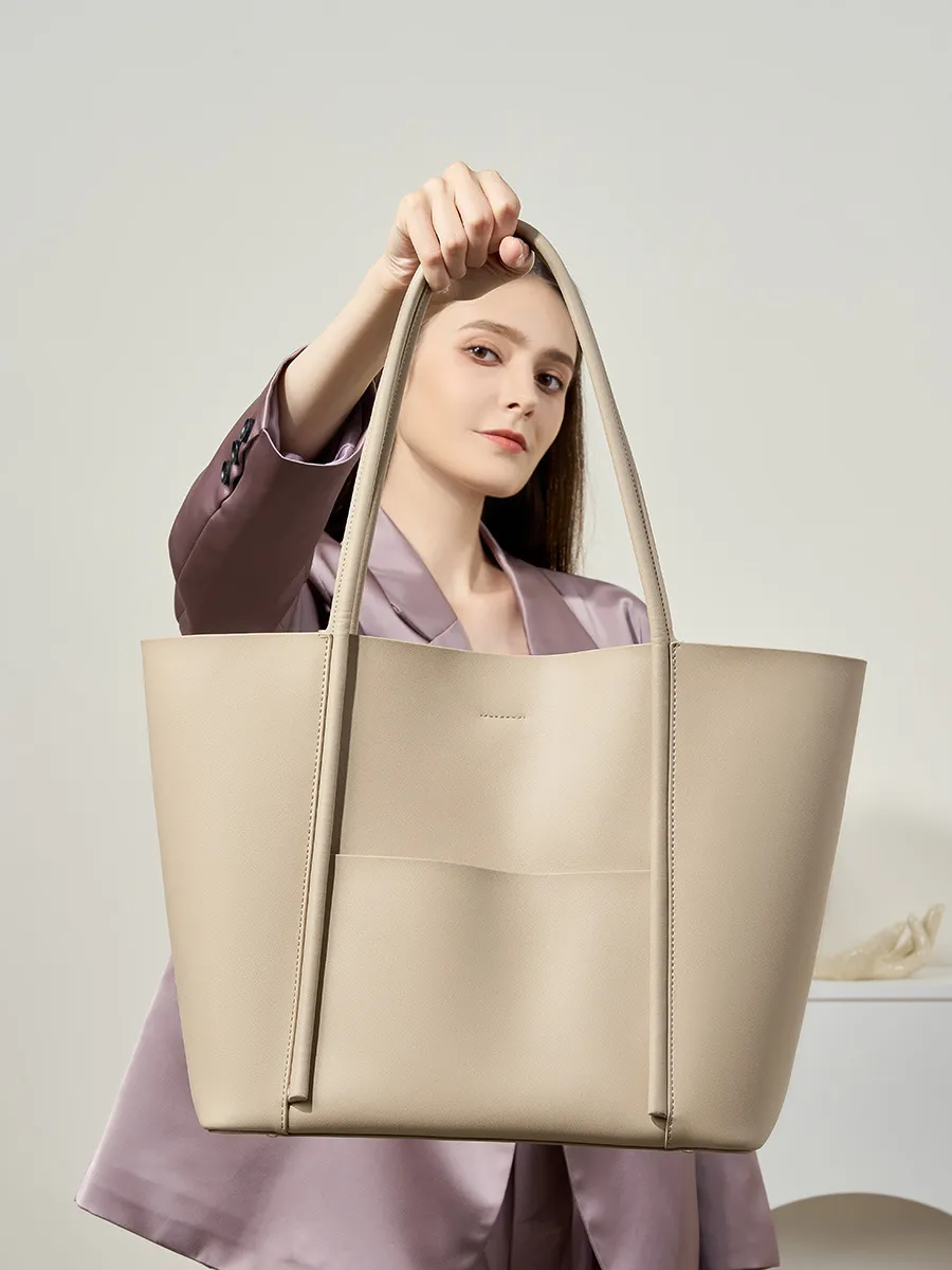 Bolso Tote de Cuero Auténtico de Gran Capacidad para Mujer Bolso de Hombro Casual para Commuter Gran Bolso de Mano Costuras Parte Superior Abierta