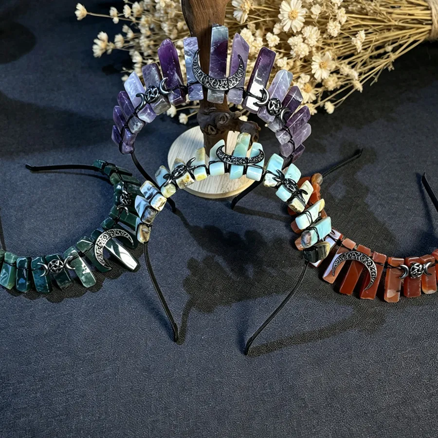 Diadema Corona de Cristal Gótico Tiara Mística de Piedra Bruta Con Accesorios de Metal Luna Estrella Banda para Cabello Bruja para Halloween Fiesta de Disfraces Accesorios de Fotografía Mujeres