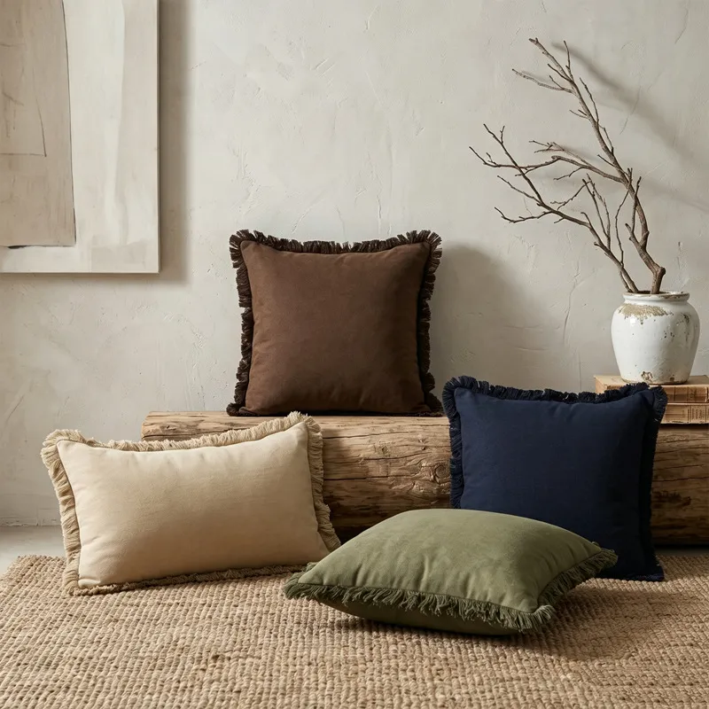 Moderno Minimalista Color Sólido Algodón Lino Funda de Cojín Con Flecos de Borla Funda de Cojín Decorativa Para Sofá de Hogar